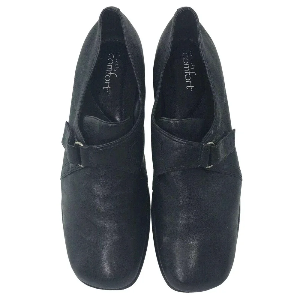 Strictly Comfort Leather Slip On Adjustable Shoes Womens 11 M Black Hook & Loop